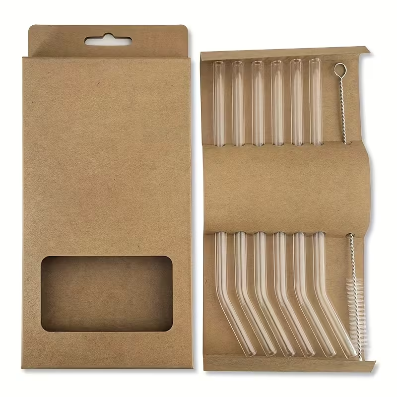 Lot de 6 Pailles Transparentes en Verre + Goupillon