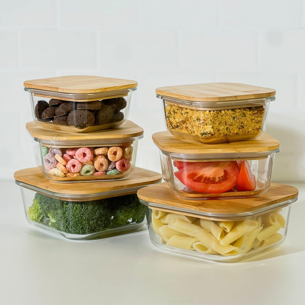 Lot de 3 Boîtes de Conservation en Verre avec Couvercle en Bambou