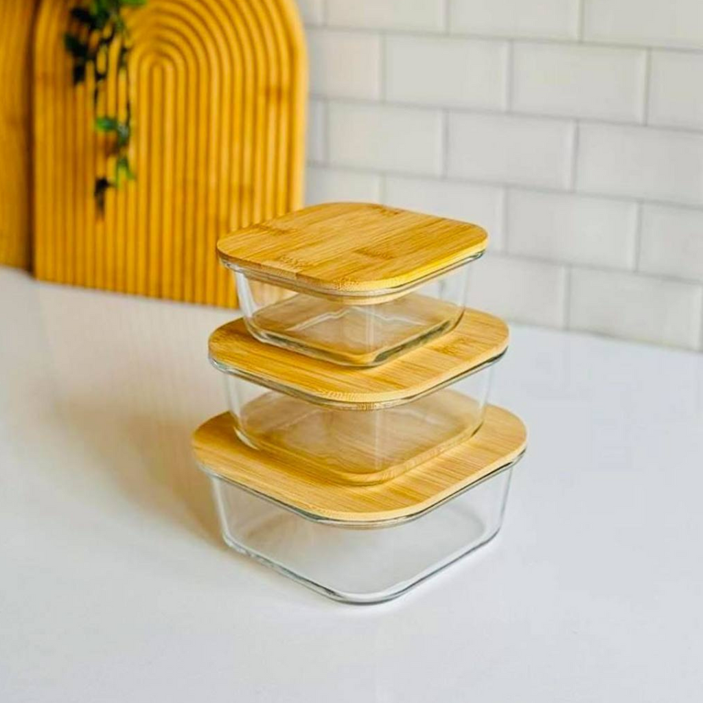 Lot de 3 Boîtes de Conservation en Verre avec Couvercle en Bambou