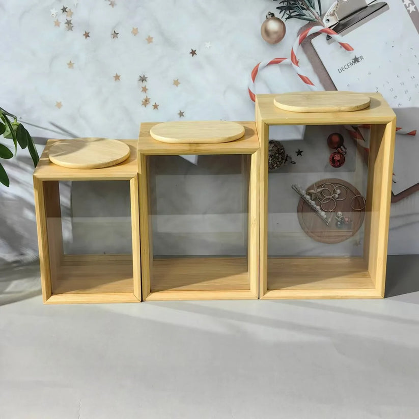 Lot de 3 Boîtes de Rangement Rectangulaires en Bambou avec Couvercle Transparent