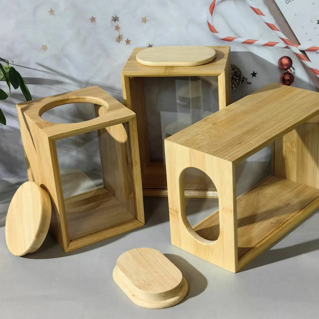 Lot de 3 Boîtes de Rangement Rectangulaires en Bambou avec Couvercle Transparent