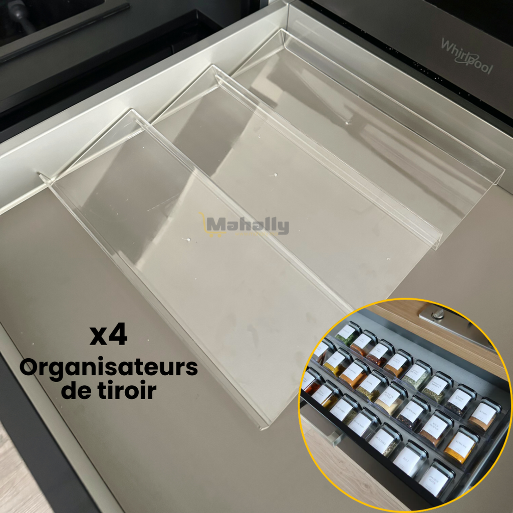 Lot de 4 Organisateurs de Tiroir à Épices en Plexiglass