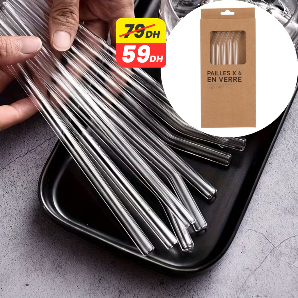 Lot de 6 Pailles Transparentes en Verre + Goupillon