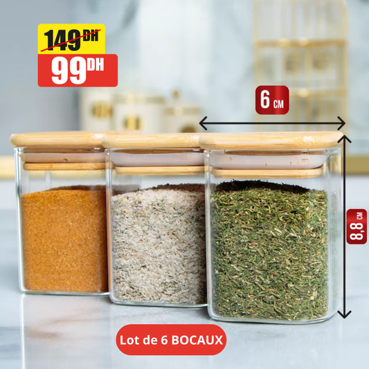 Lot de 6 pots à épices carrés avec couvercles, hermétiques 200 ml - Mahally.ma