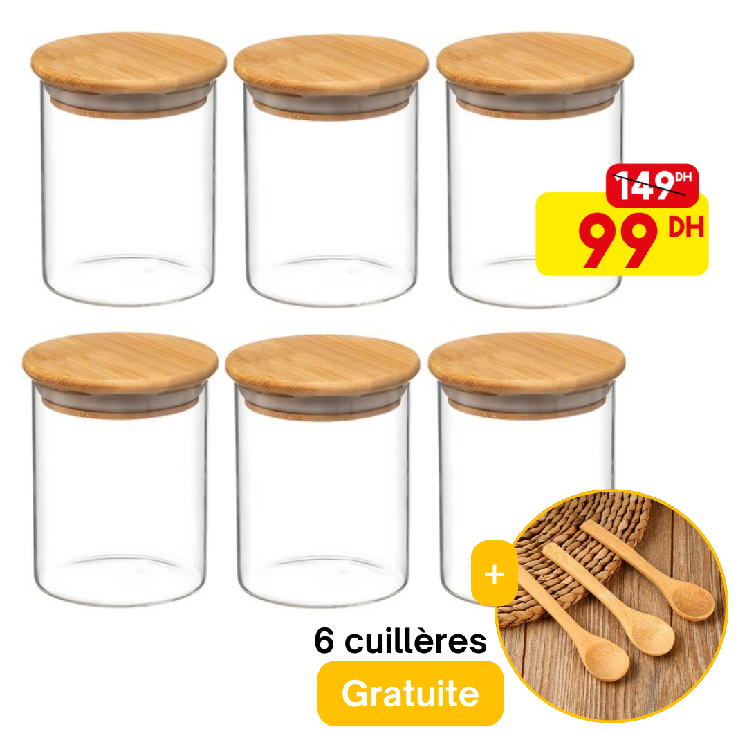 Lot de 6 bocaux en verre avec couvercles en bambou hermétiques pour épices 450ml