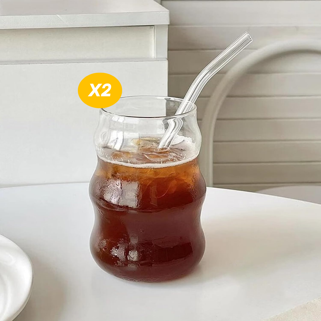 2 Verres Nervurés avec Couvercle en Bambou et Paille en Verre, 500 ml - Mahally.ma