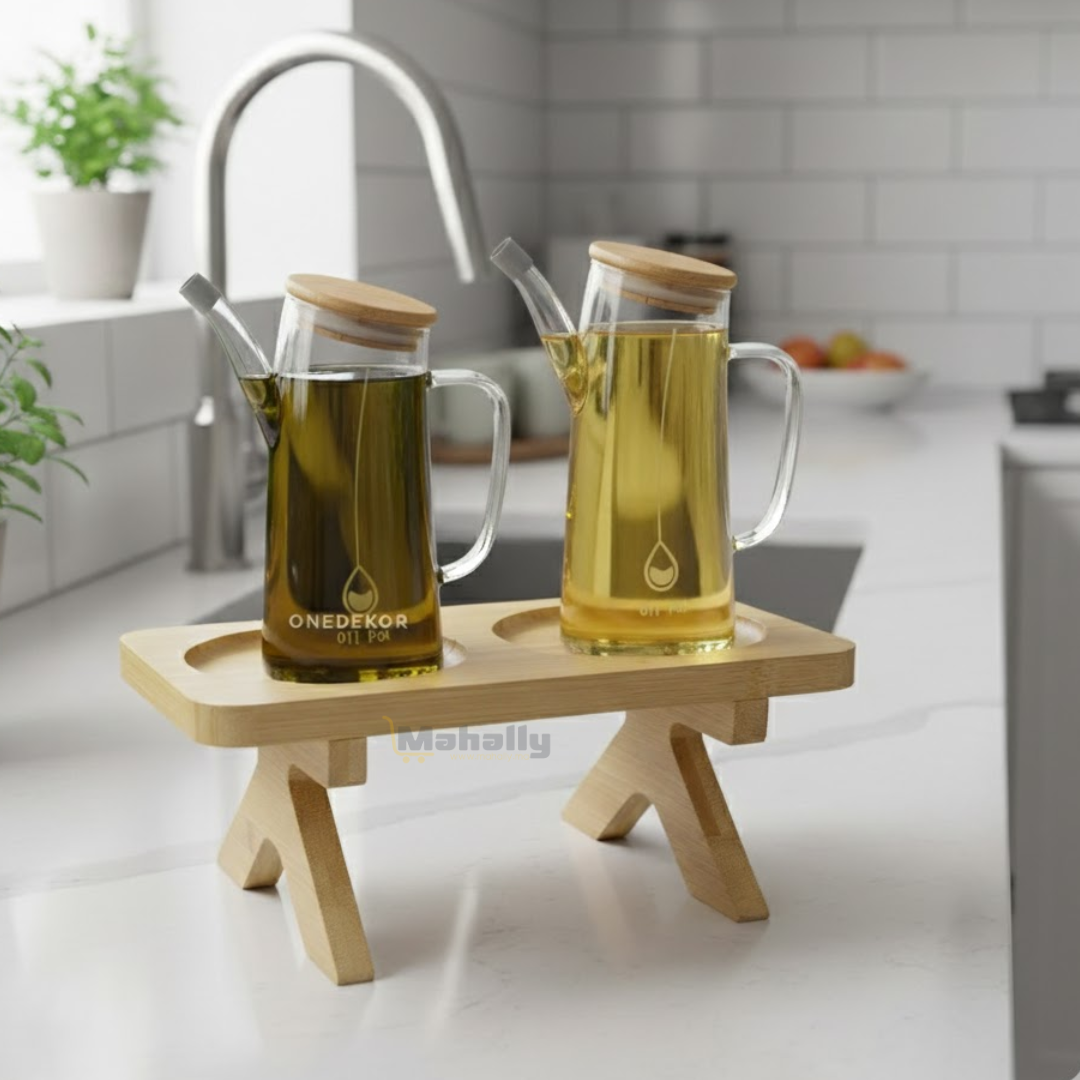 Petit Plateau à Pied avec 2 Bouteilles à Huile en Verre (750 ml & 1 L)