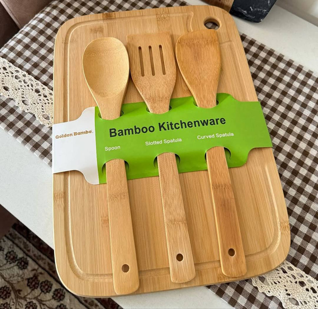 Planche à Découper en Bambou 40x30x2 cm avec 3 Ustensiles