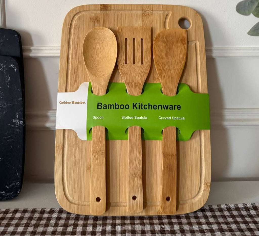 Planche à Découper en Bambou 40x30x2 cm avec 3 Ustensiles