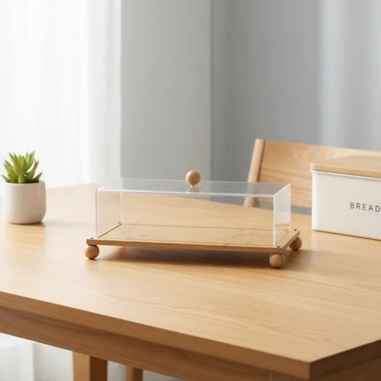 Présentoir à Gâteaux Rectangulaire en Bois avec Couvercle Acrylique