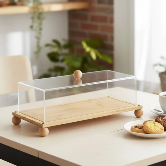 Présentoir à Gâteaux Rectangulaire en Bois avec Couvercle Acrylique