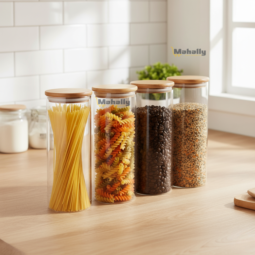 Set de 4 Bocaux Hermétiques en Verre 1,8L avec Couvercle en Bambou