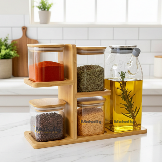 Set de 4 Bocaux avec Support en Bambou + Bouteille à Huile en Verre