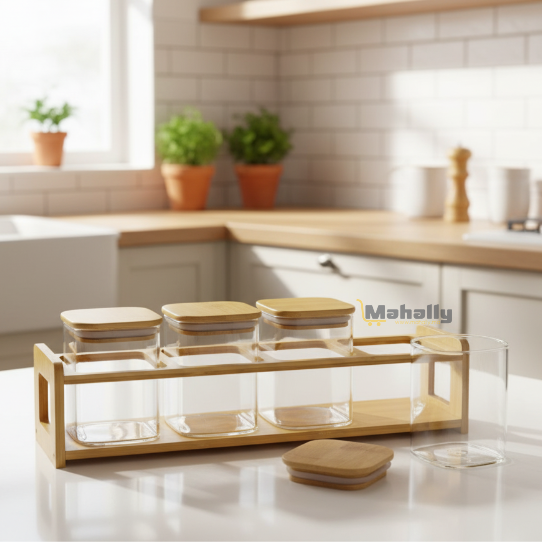 Set de 4 Pots à Épices en Verre avec Support en Bambou