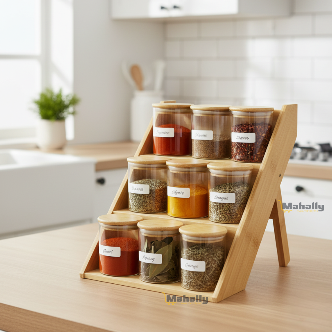 Set de 9 Bocaux à Épices en Verre avec Couvercles en Bambou + Support