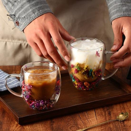 Tasse à café en verre à double paroi florale