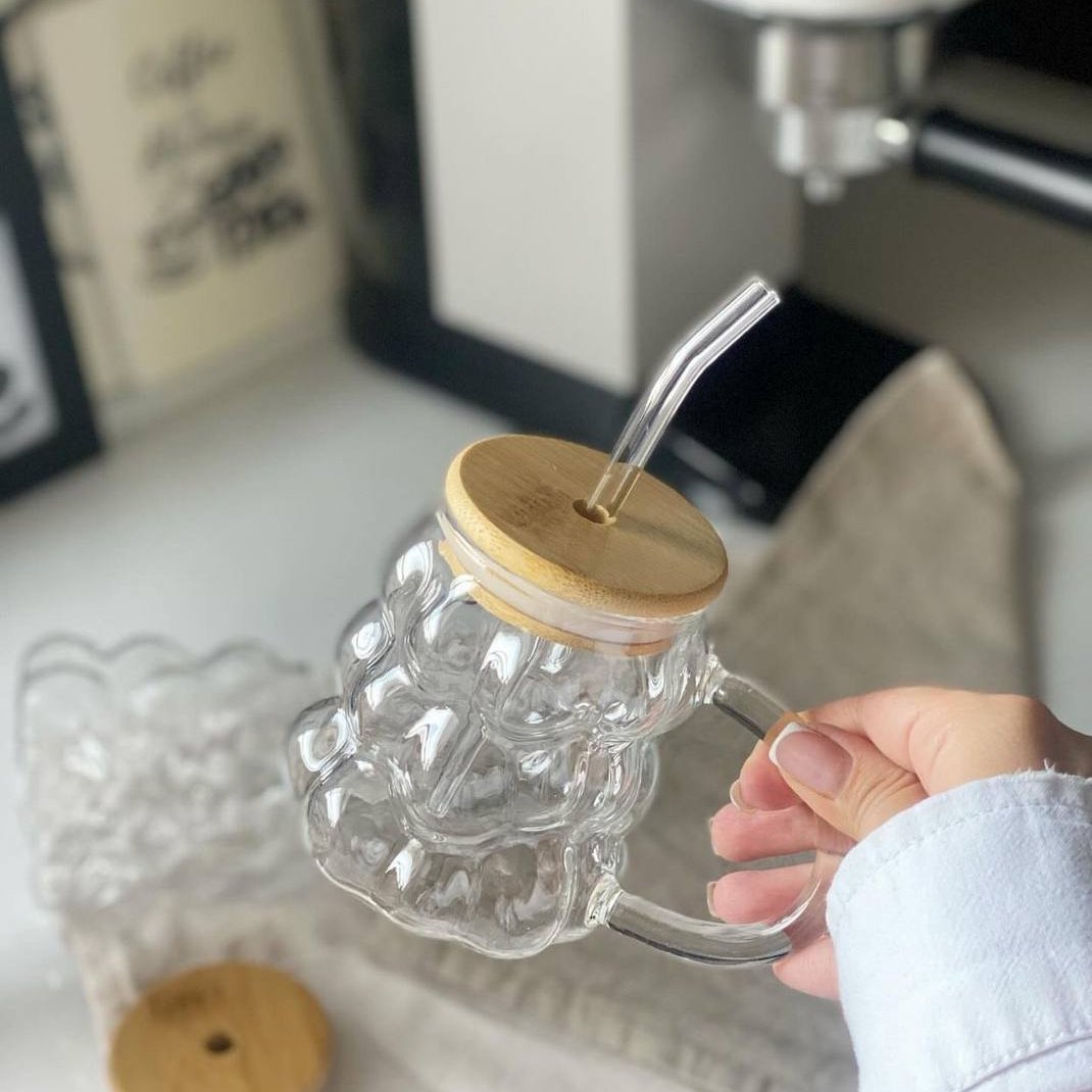 Verre avec Couvercle en Bambou et Paille en Verre, 350 ml - Mahally.ma
