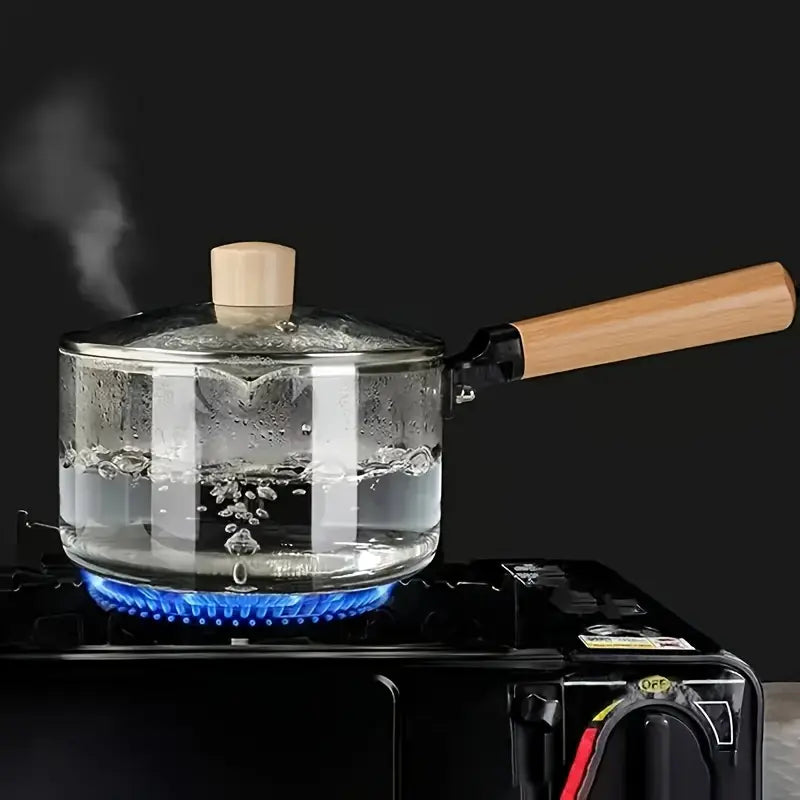 Casserole en Verre Borosilicate 1,8L avec Poignée en Bois et Couvercle Cerf