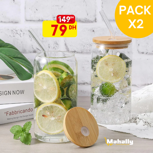 Lot de 2 Tasses en verre avec couvercle et paille - Mahally.ma