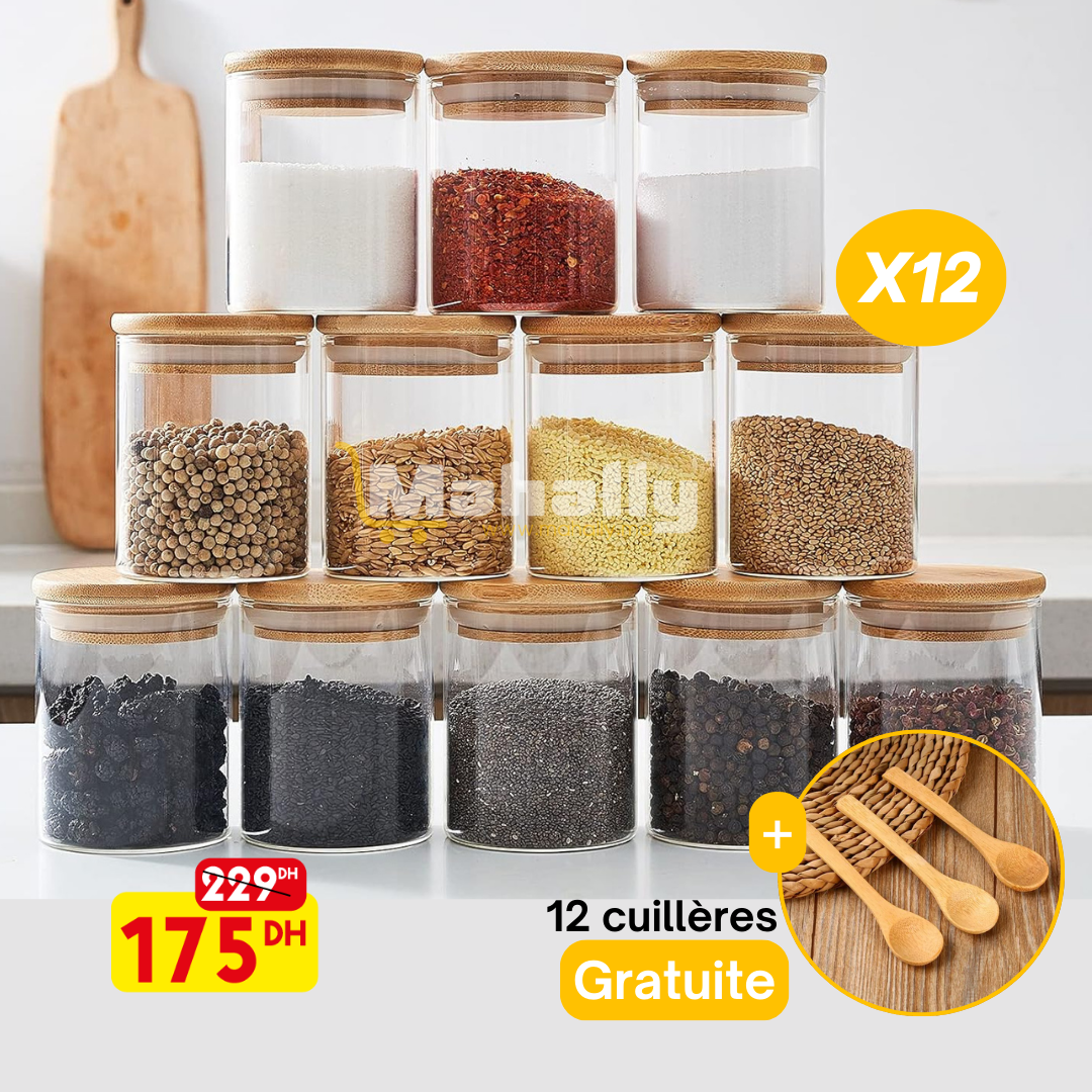 lot de 12 bocaux en verre avec couvercle hermétique en bambou 500ml + Cadeau - Mahally.ma