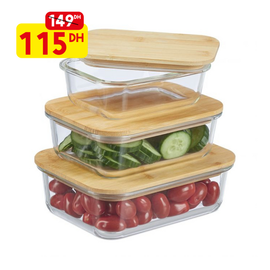 lot de 3 Boîtes de rangement rectangulaire verre/bambou - Mahally.ma