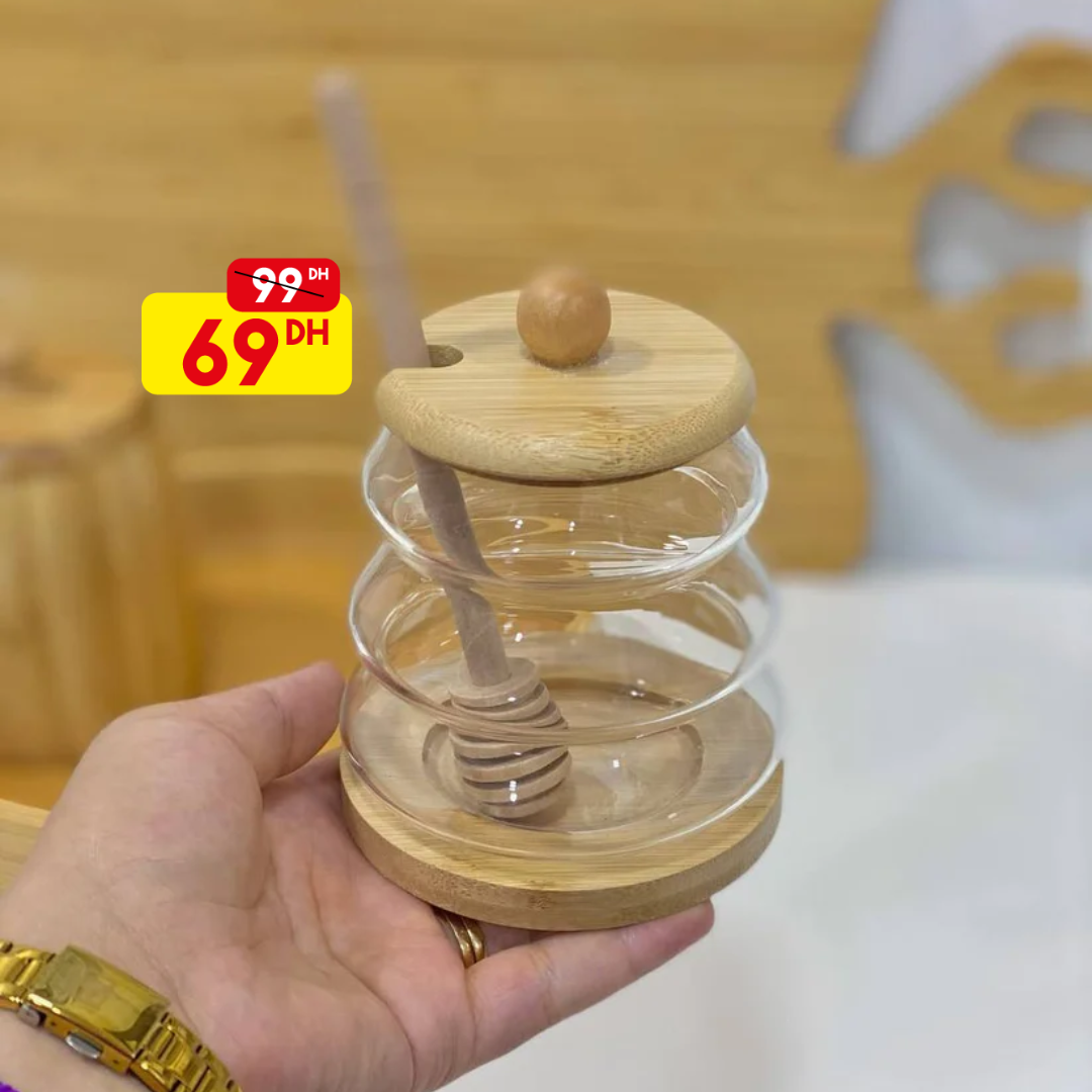 Pot À Miel En Verre Et Bois 350mL - Mahally.ma