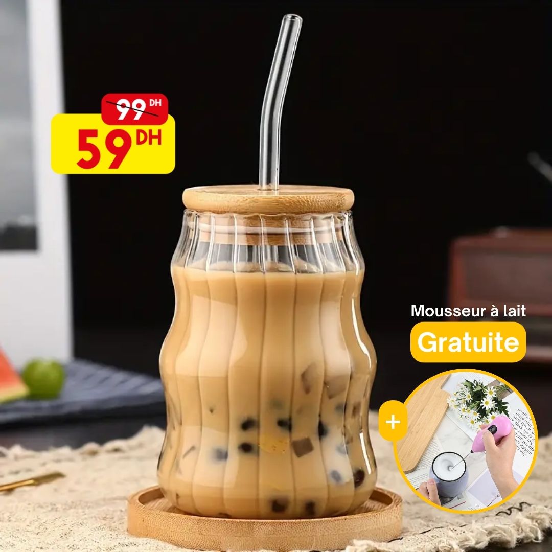 Tasse avec Paille & Couvercle en Bois + Mousseur à Lait Offert - Mahally.ma