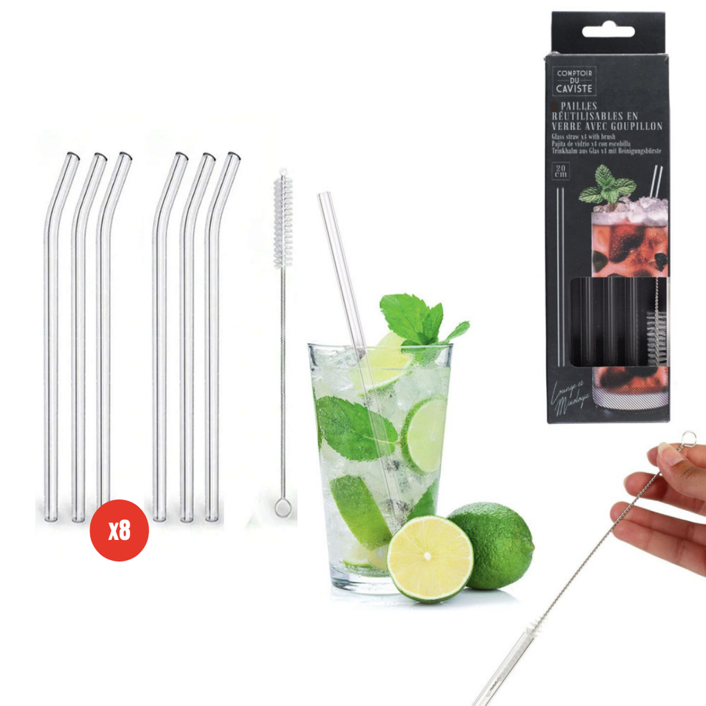 paille transparente en verre x8 avec goupillon - Mahally.ma