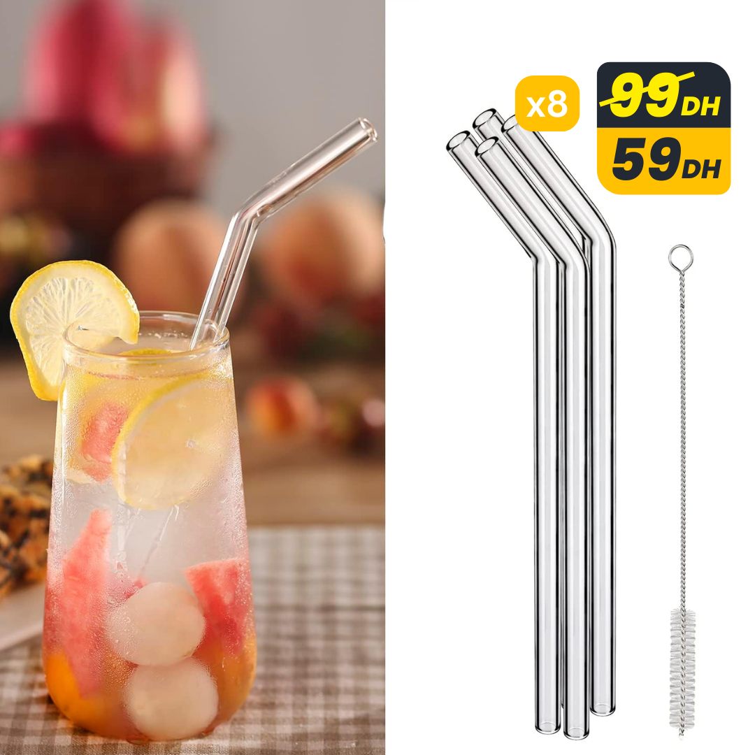 Lot de 8 Pailles Transparentes en Verre + Goupillon - Mahally.ma