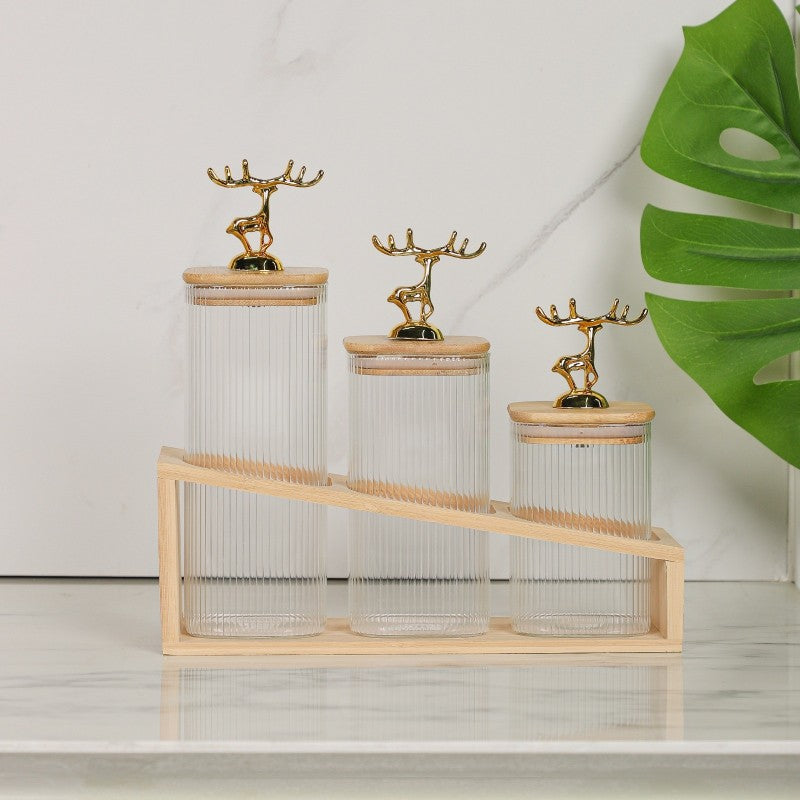 Set de 3 Bocaux en Verre avec Couvercles et Support