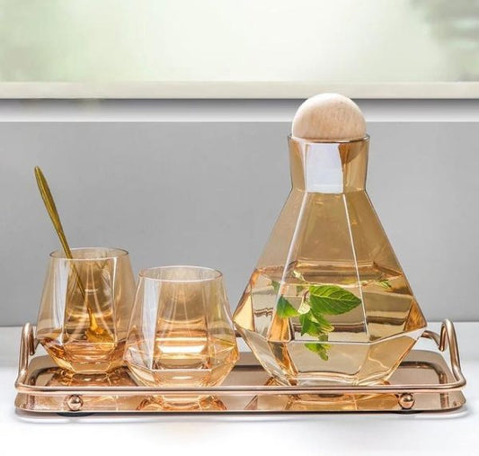 Ensemble de Carafe en Verre avec Couvercle en Bois - 7 Pièces