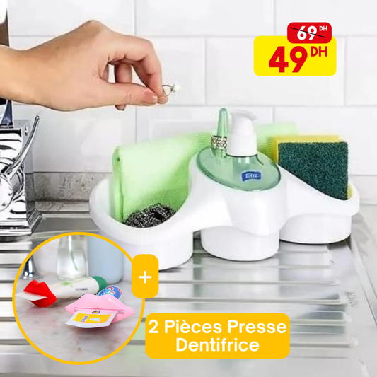 Distributeur Double Compartiments de Liquide Vaisselle + 2 Pièces Presse Dentifrice