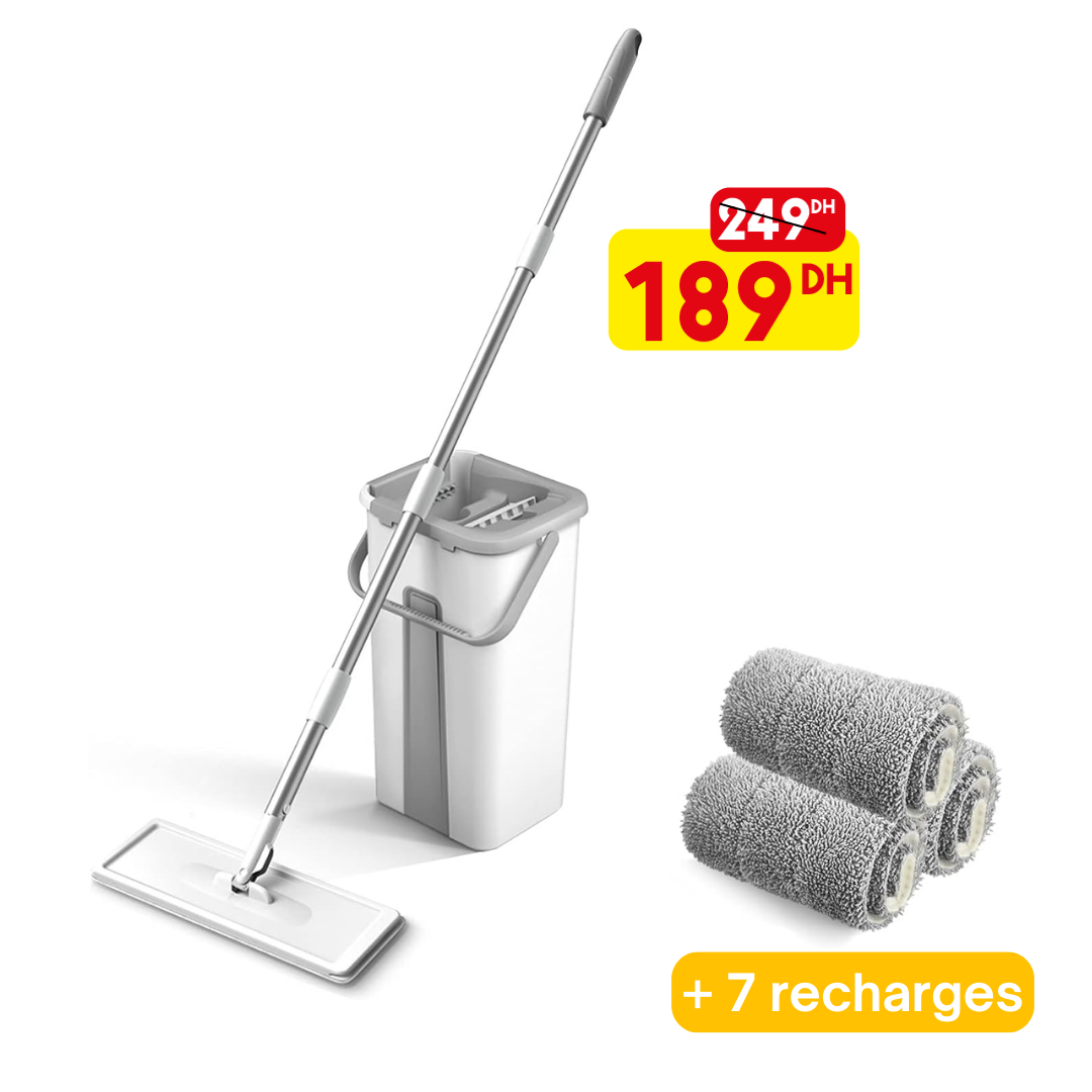 Vadrouille en microfibre avec seau Nettoyage + 7 recharges souples - Mahally.ma