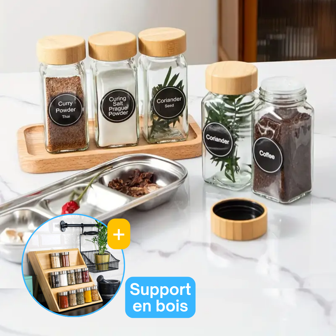 Lot de 15 Pots à Épices en Verre avec Couvercle en Bambou 120ml avec support - Mahally.ma