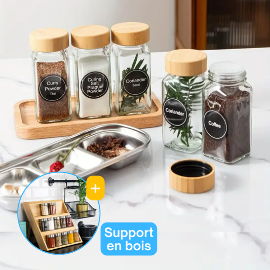Lot de 15 Pots à Épices en Verre avec Couvercle en Bambou 120ml avec support