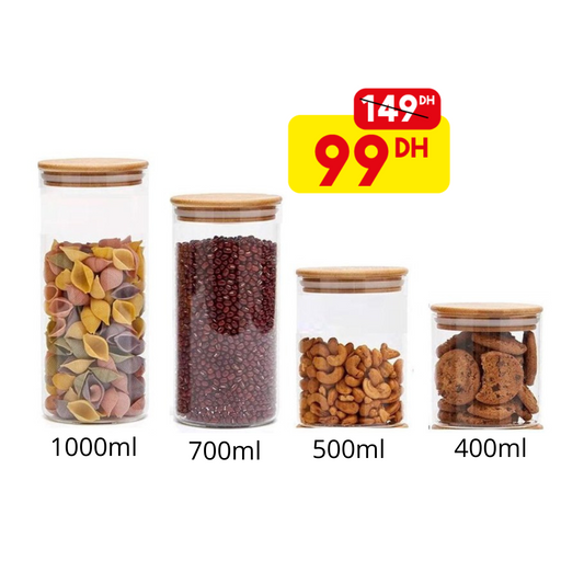 Lot de 4 bocaux en verre avec couvercle en bambou - Mahally.ma